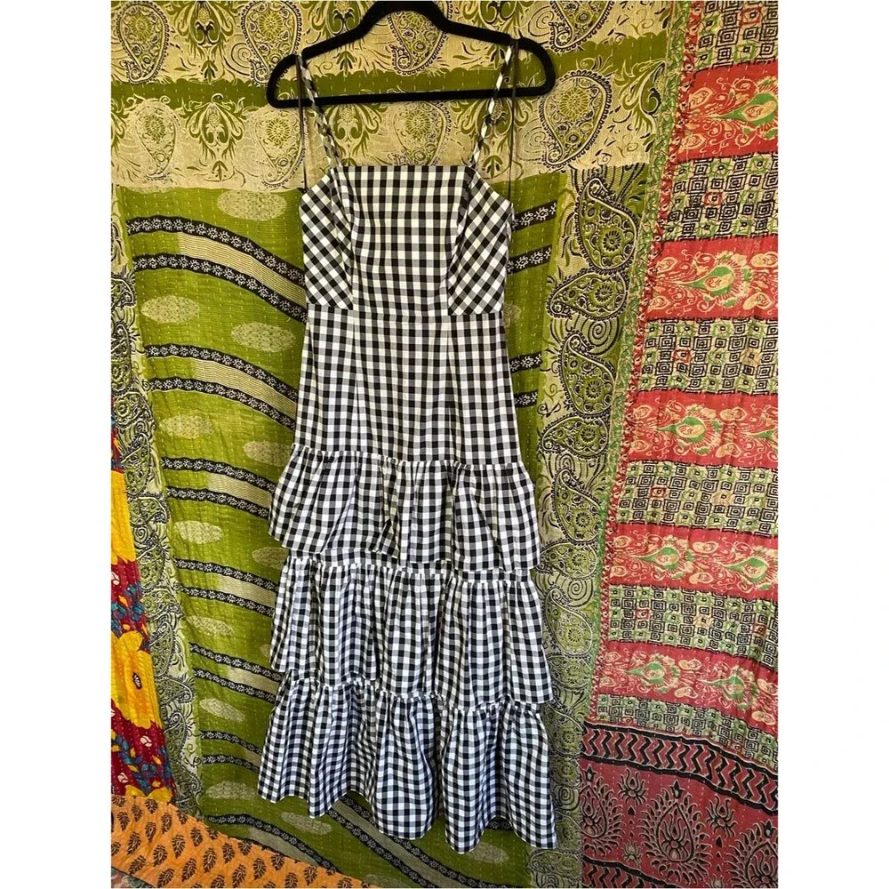 J. Crew Black/ White Gingham Tiered Poplin Coastal Maxi Farmhouse Dress Size 00